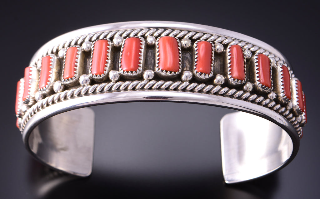 Silver & Coral Navajo Handmade Bracelet by Chester Charley 3F05T