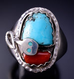 Size 10-1/2 Silver & Turquoise Coral Zuni Men's Ring Signed Effie Calavaza 4L10B