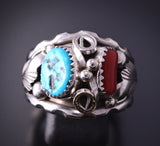 Size 12-3/4 Silver & Turquiose Coral Feathers Navajo Ring - Max Calladitto 4F10N