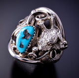 Size 10 Silver & Turquoise Howling Wolf Navajo Men's Ring by J. Saunders 4L10U