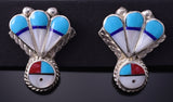 Silver & Turquoise Multistone Zuni Inlay Sunface Earrings - Clarence Pedro 5A30O