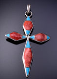 Silver & Spiny Oyster Shell Turquoise Navajo Cross Pendant by James Kee 4L12V