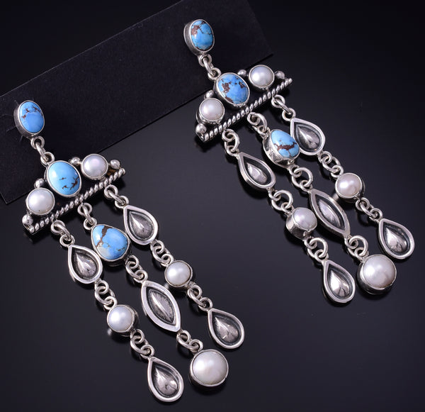 Silver & Golden Hills Turquoise Fresh Pearl Navajo Earrings by Erick Begay 5B25X