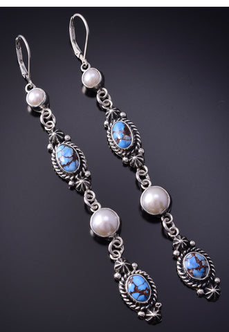 Silver & Golden Hills Turquoise Fresh Pearl Navajo Earrings by Erick Begay 5B25V