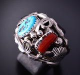 Size 12-3/4 Silver & Turquiose Coral Feathers Navajo Ring - Max Calladitto 4F10N