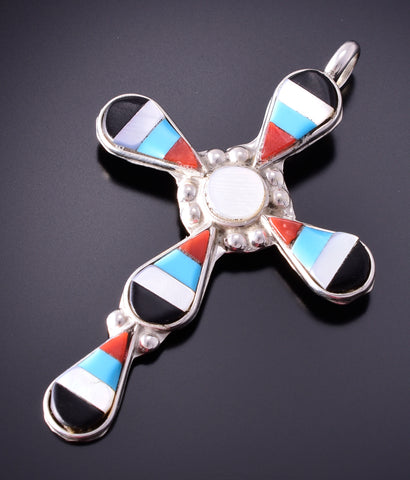 Silver & Turquoise Multistone Zuni Inlay Cross Pendant by Florencia Lucio 4E27N