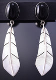 Silver & Onyx Navajo Handmade Eagle Feather Earrings 4K07A