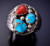 Size 12 Silver & Turquoise Coral Navajo Men's Ring by Annie Spencer 4L10W