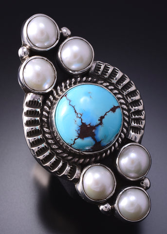 Size 9 Silver & Golden Hills Turquoise Fresh Pearl Navajo Ring Erick Begay 4H33Y