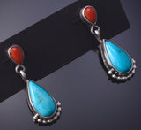 Silver & Turquoise Coral Navajo Earrings by Verley Betone 4H27C