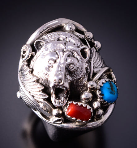 Size 8-3/4 Silver & Turquoise Coral Navajo Bear Ring by Jeanette Saunders 4F10L