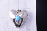 Reversible Silver & Turquoise Navajo Handmade Puffed Heart Pendant 4K10J