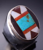 Size 10-1/2 Vintage Silver & Turquoise Multistone Navajo Inlay Ring 4E18P