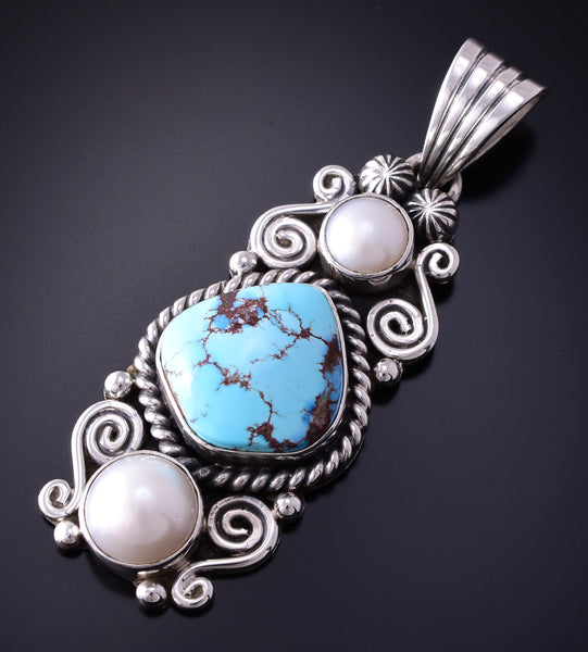 Silver & Golden Hills Turquoise w/ Pearl Navajo Pendant by Erick Begay 4C29D