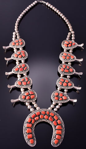 Vintage Silver & Coral Navajo Squash Blossom Necklace by Esther Spencer 4E18Y