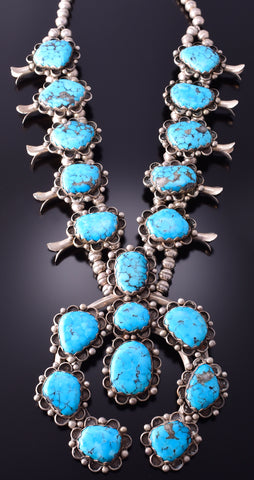 Vintage Silver & Turquoise Navajo Squash Blossom Necklace by Annie Eagle 4E18Z