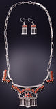 Silver & Coral Zuni Inlay Necklace & Earrings Set by Stewart Nakatewa 4F04H