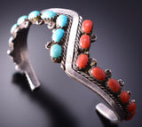 Vintage Silver & Turquoise Coral Navajo Wave Bracelet 4E18J