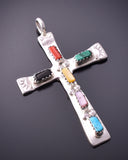 Silver & Turquoise Multistone Zuni Handmade Cross Pendant by Cecelia Iule 4F04Y