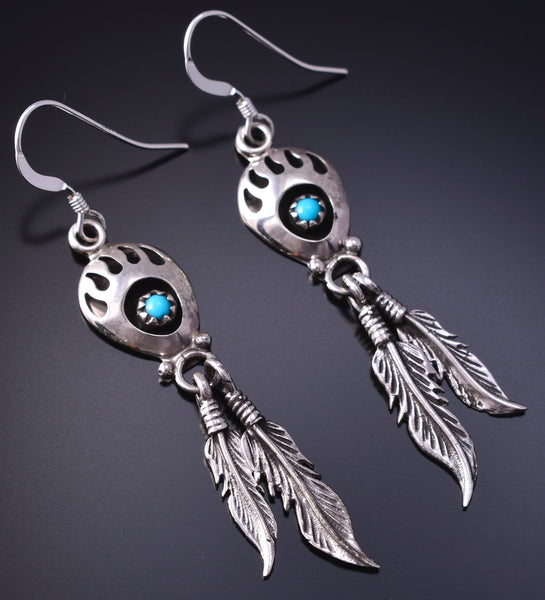 Silver & Turquoise Bear Claw & Eagle Feather Navajo Earrings Annie Spencer 4J02U