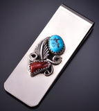 Silver & Turquoise w/ Coral Feather Navajo Money Clip by Sally Arviso 5B14X