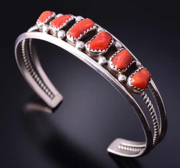 Preowned Silver & Mediterranean Coral Navajo Bracelet 4F10T