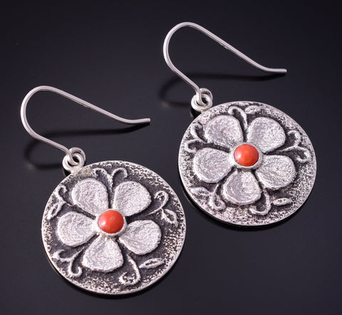 Silver & Coral Navajo Tufacast Flowers Earrings by Rebecca T. Begay 4F25U