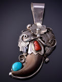 Silver & Turquoise Coral w/ Bear Claw Navajo Pendant by Jerry Thompson 4L22S