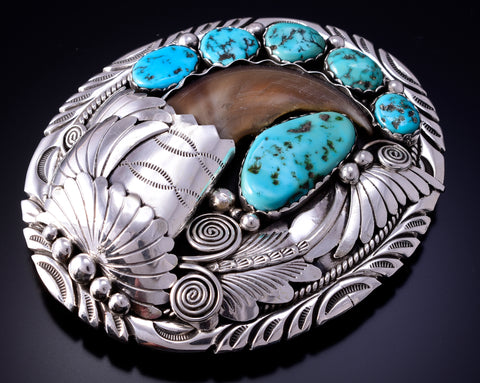 Silver & Sleeping Beauty Turquoise Bear Claw Navajo Belt Buckle Ray Yazzie 4L12K