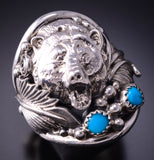 Size 11-1/4 Silver & Turquoise Grizzly Bear Navajo Handmade Ring by RB 4M16U