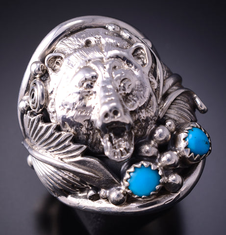 Size 11-1/4 Silver & Turquoise Grizzly Bear Navajo Handmade Ring by RB 4M16U