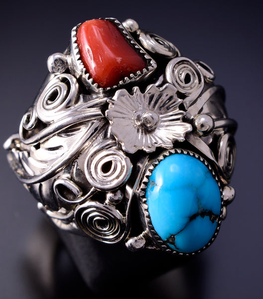 Size 9-1/2 Silver & Turquoise Coral Flower Navajo Men's Ring by Sarah Yazzie 4L10E