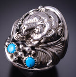 Size 11-1/4 Silver & Turquoise Grizzly Bear Navajo Handmade Ring by RB 4M16U