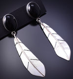 Silver & Onyx Navajo Handmade Eagle Feather Earrings 4K07A