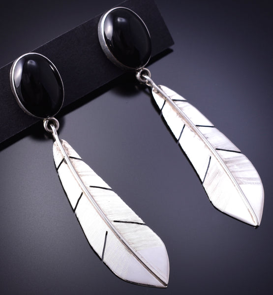 Silver & Onyx Navajo Handmade Eagle Feather Earrings 4K07A