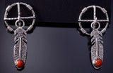 Silver & Coral Dream Catcher w/ Feathers Navajo Earrings - Sharon McCarthy 4H27Z