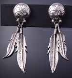 Silver Navajo Handstamped Double Eagle Feather Earrings 4K10Z