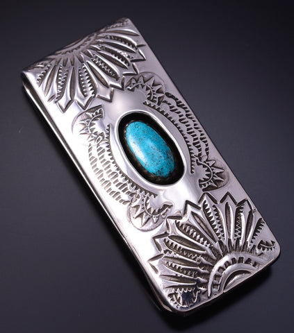 Silver & Turquoise Navajo Handstamped Money Clip by Shirley Skeets 5B14R