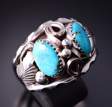 Size 12-3/4 Silver & Turquoise Feathers Navajo Men's Ring - Max Calladitto 4F10P