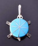 Silver & Turquoise Zuni Inlay Turtle Pendant by Johnson Laweka 4E27P