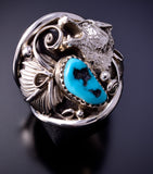 Size 10 Silver & Turquoise Howling Wolf Navajo Men's Ring by J. Saunders 4L10U