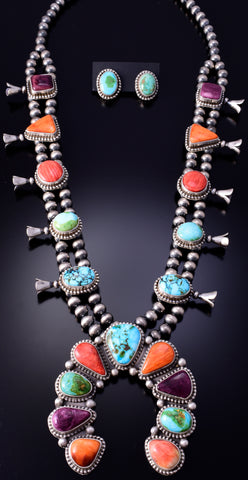 Silver & Turquoise Multistone Navajo Squash Blossom Necklace & Earring Set 4L09E