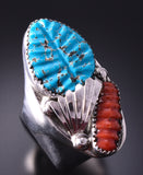 Size 11 Silver & Turquoise Coral Feather Zuni Men's Ring by Lyolita Tsatte 4F10H