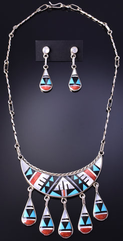 Silver Multistone Zuni Inlay Necklace & Earring Set by Delberta Boone 4L09A