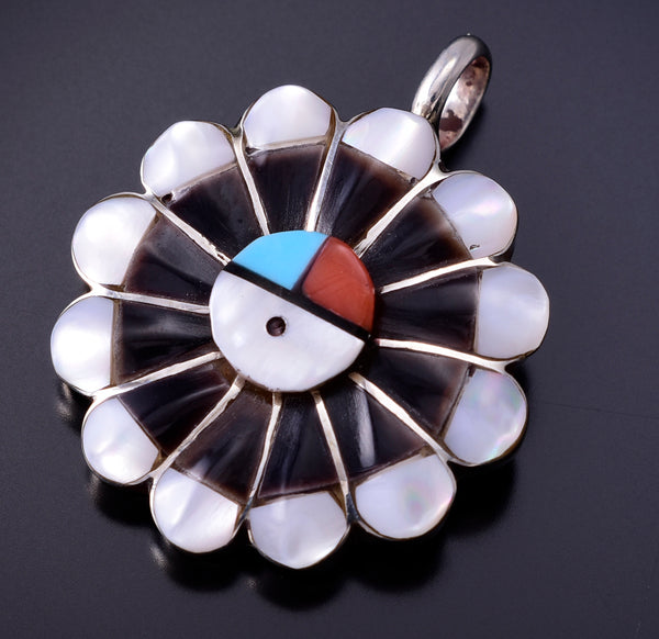 Silver & Turquoise Multistone Zuni Inlay Sunface Pendant by Romero Vacit 4L22Z