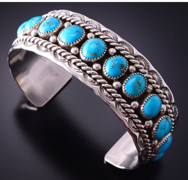 Silver & Kingman Turquoise Navajo Handmade Bracelet by Chester Charley 4E27D