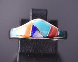 Size 8-1/4 Silver & Turquoise Multistone Navajo Inlay Ring 4F04Q