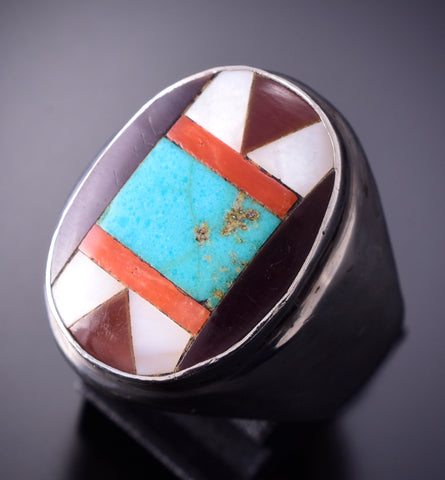 Size 10-1/2 Vintage Silver & Turquoise Multistone Navajo Inlay Ring 4E18P