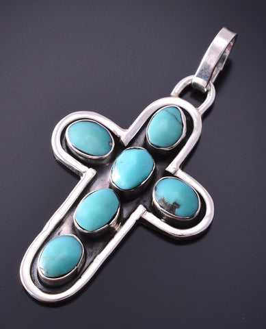 Silver & Turquoise Navajo Handmade Cross Pendant by Sonyei Coho 4E27O