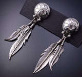 Silver Navajo Handstamped Double Eagle Feather Earrings 4K10Z